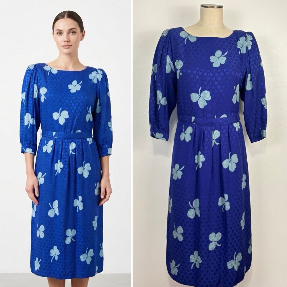 Vintage Maggy London Silk Dress 10 Blue Shamrock Clover Puff Sleeve Midi 80s